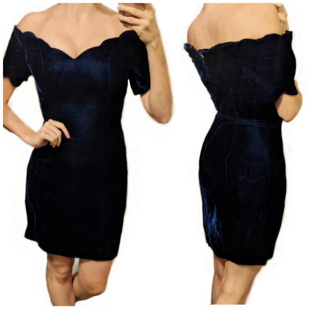 Vintage 80s blue velvet scalloped dress